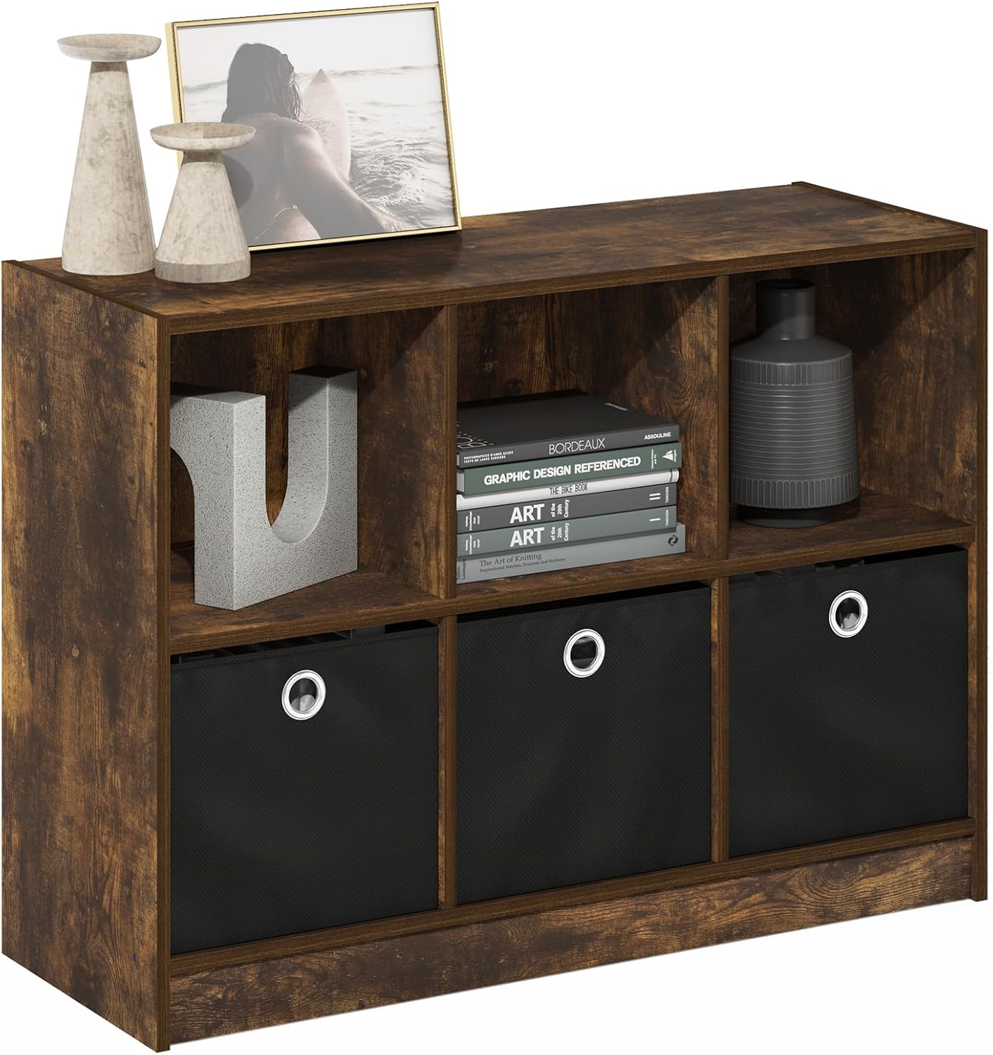 3x2 Cube Storage Bookcase Organizer with Bins, White/Black