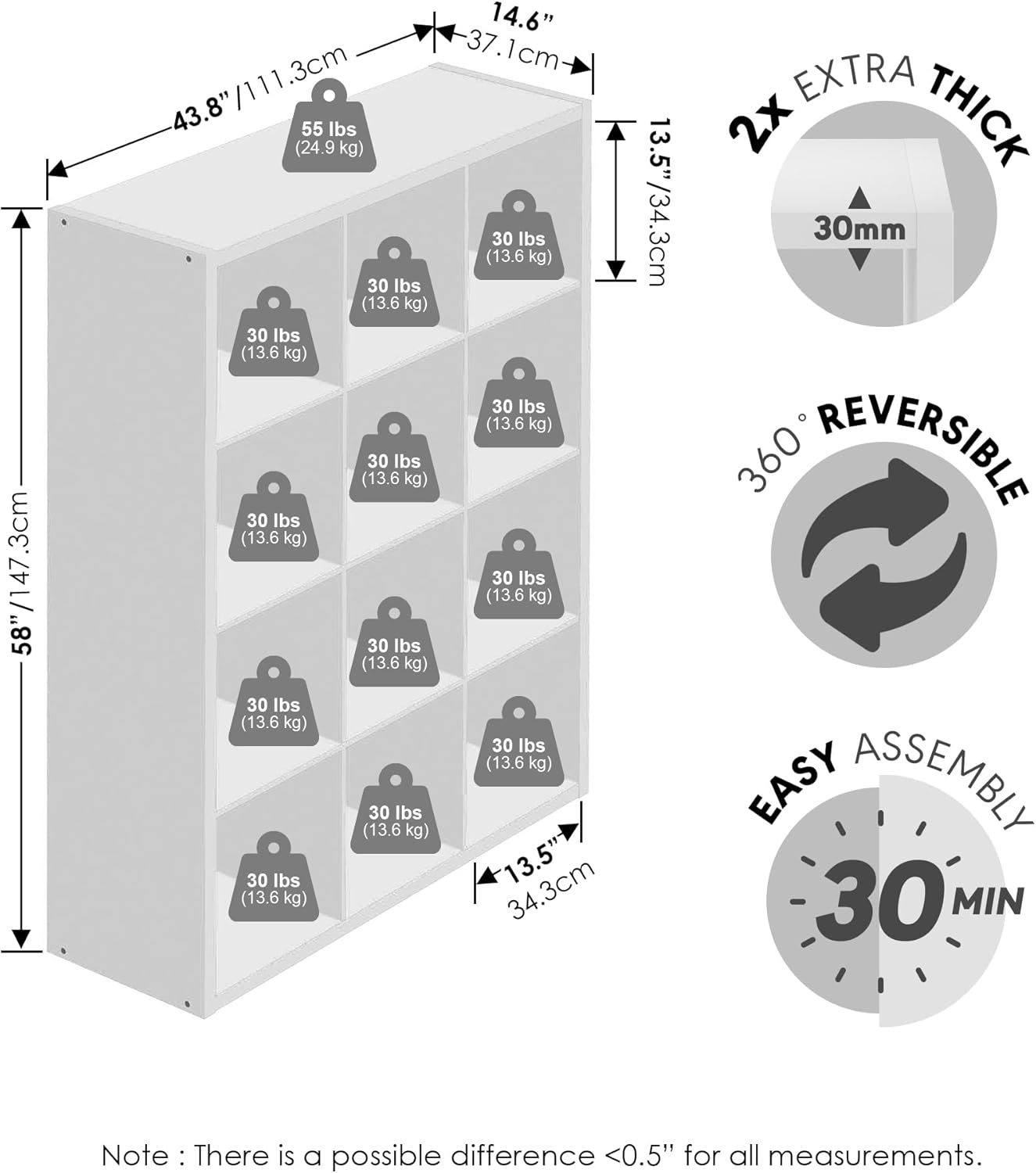 H-Shelf Cube Insert, Fits Extra Thick Cubes, White, Modular Storage Solution