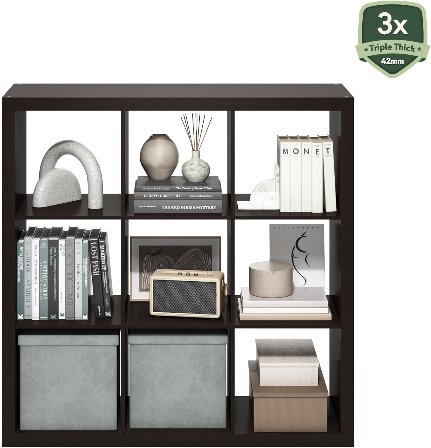 16-Cube Bookshelf, Triple Thick Frame, Black Dark Oak, Storage for Living Room & Home Office
