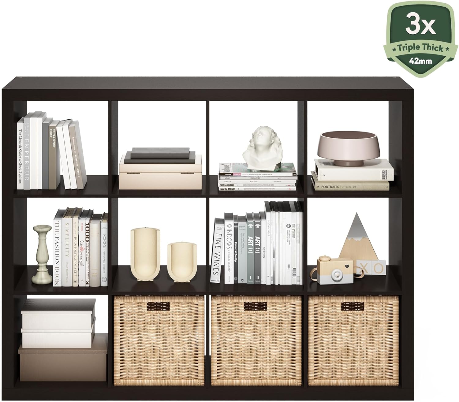 16-Cube Bookshelf, Triple Thick Frame, Black Dark Oak, Storage for Living Room & Home Office