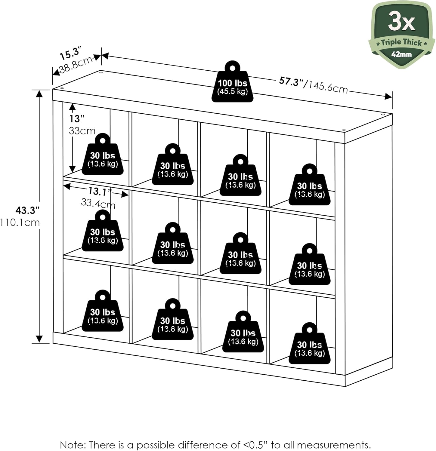 16-Cube Bookshelf, Triple Thick Frame, Black Dark Oak, Storage for Living Room & Home Office