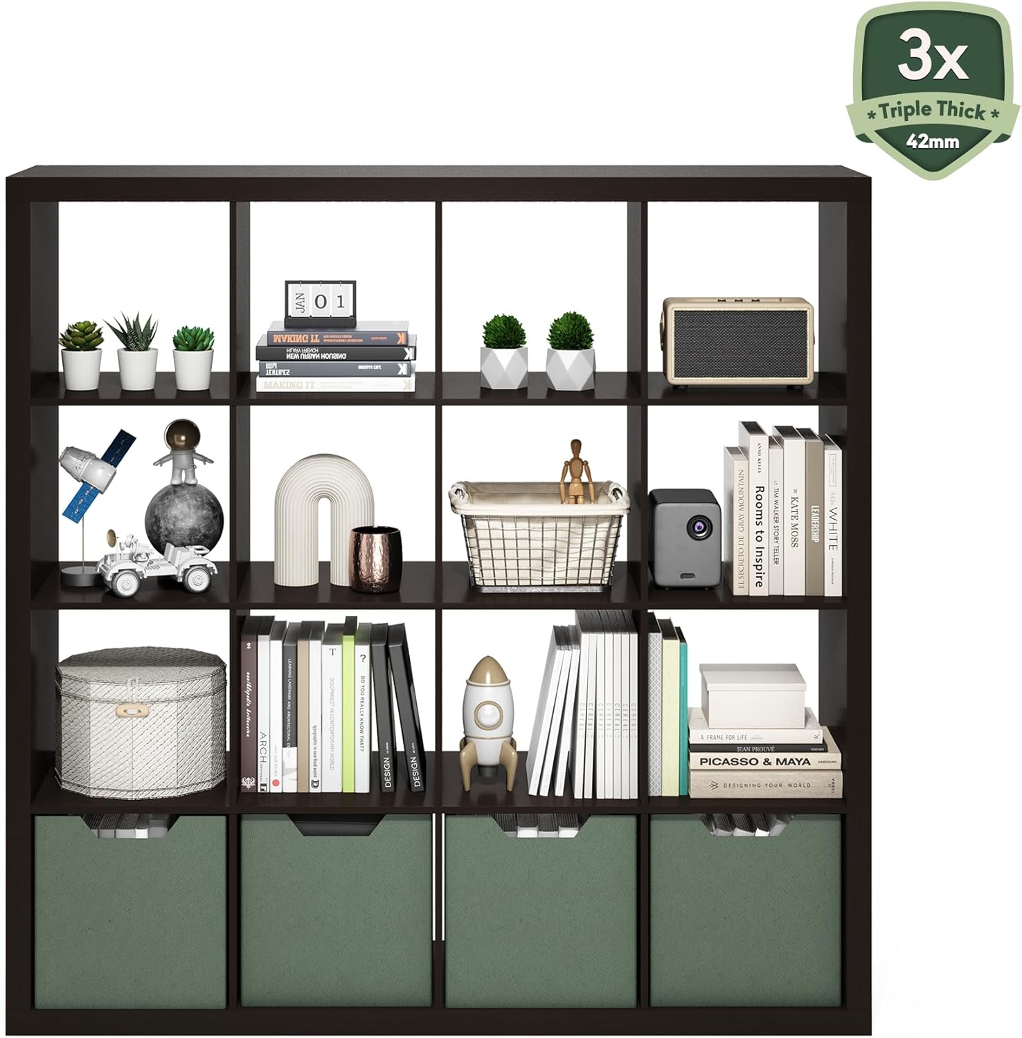 16-Cube Bookshelf, Triple Thick Frame, Black Dark Oak, Storage for Living Room & Home Office
