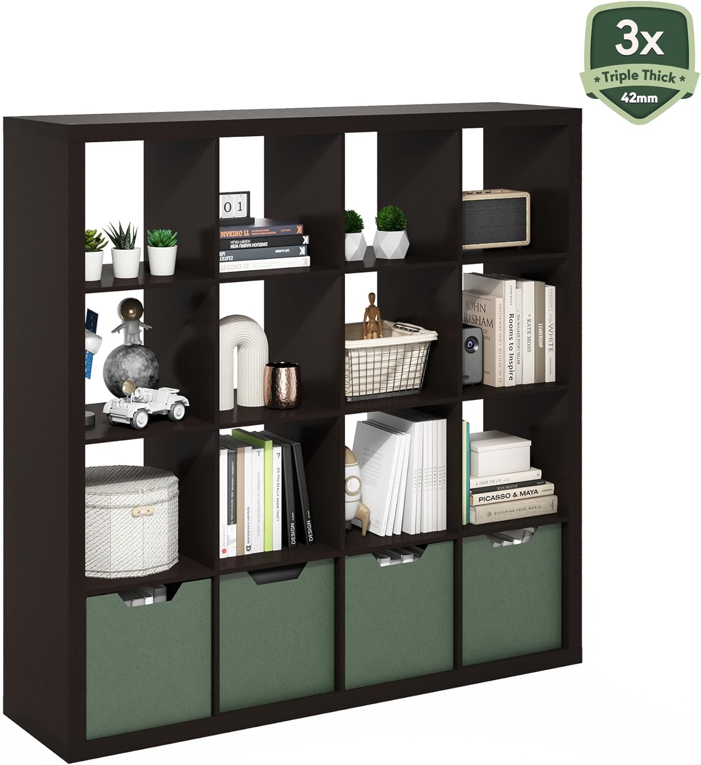 16-Cube Bookshelf, Triple Thick Frame, Black Dark Oak, Storage for Living Room & Home Office