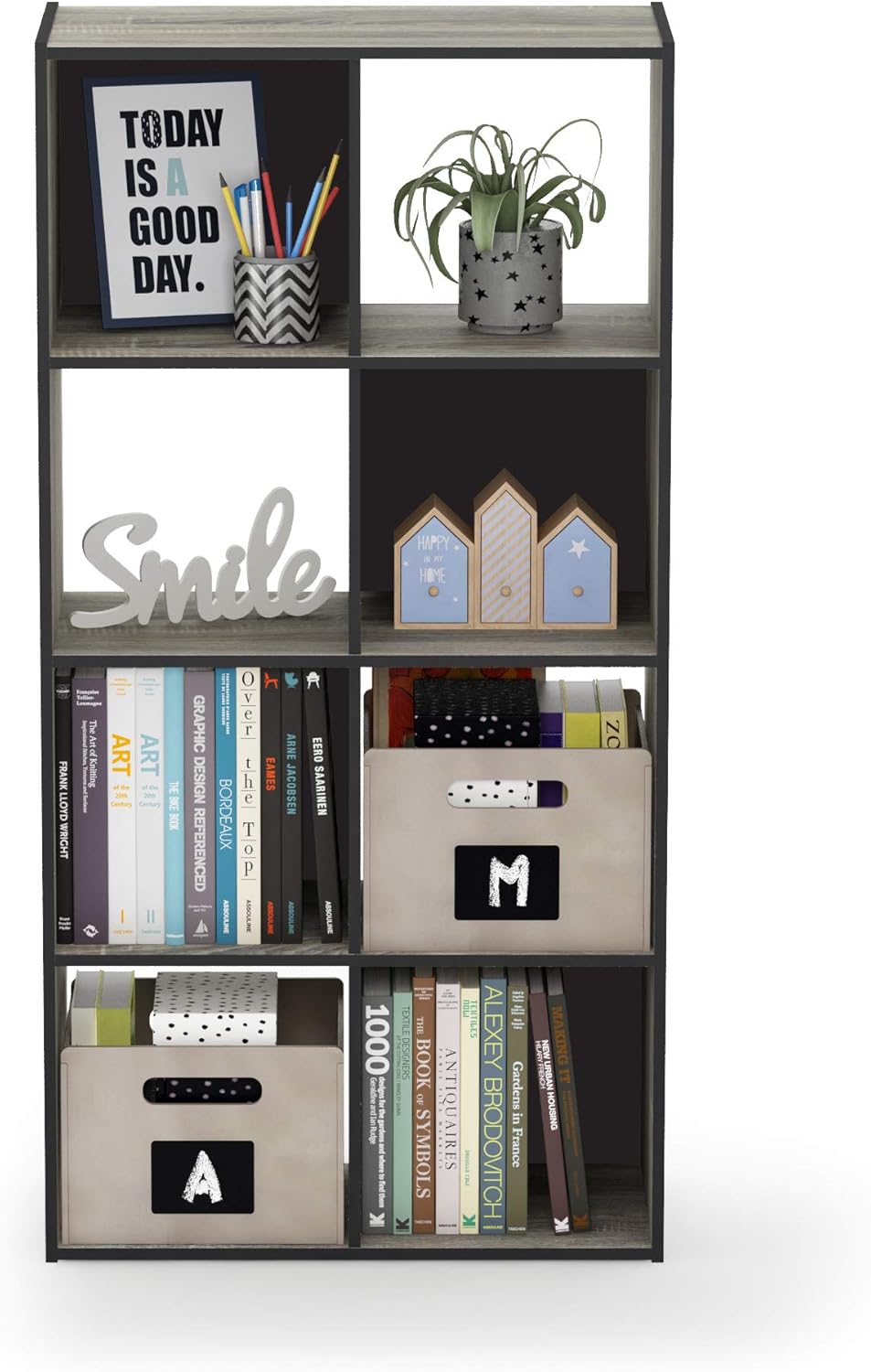 3x2 Cube Storage Bookcase Organizer with Bins, French Oak Grey/Black