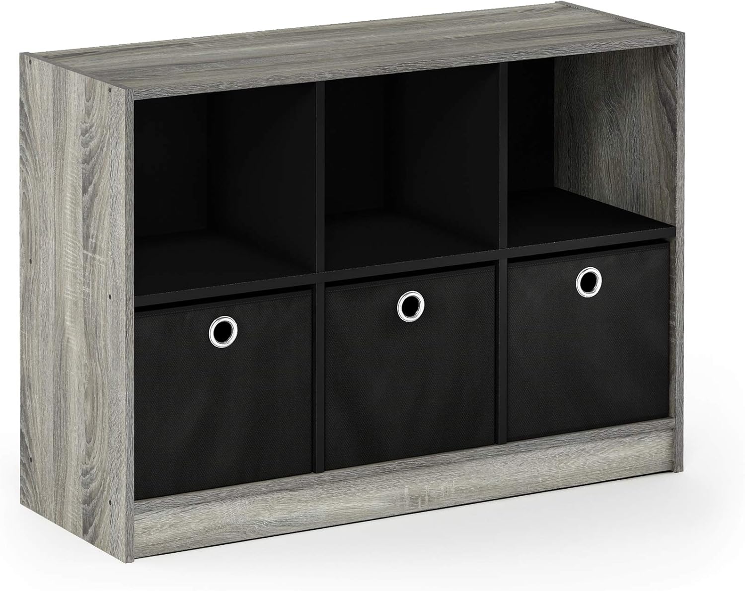 3x2 Cube Storage Bookcase Organizer with Bins, French Oak Grey/Black