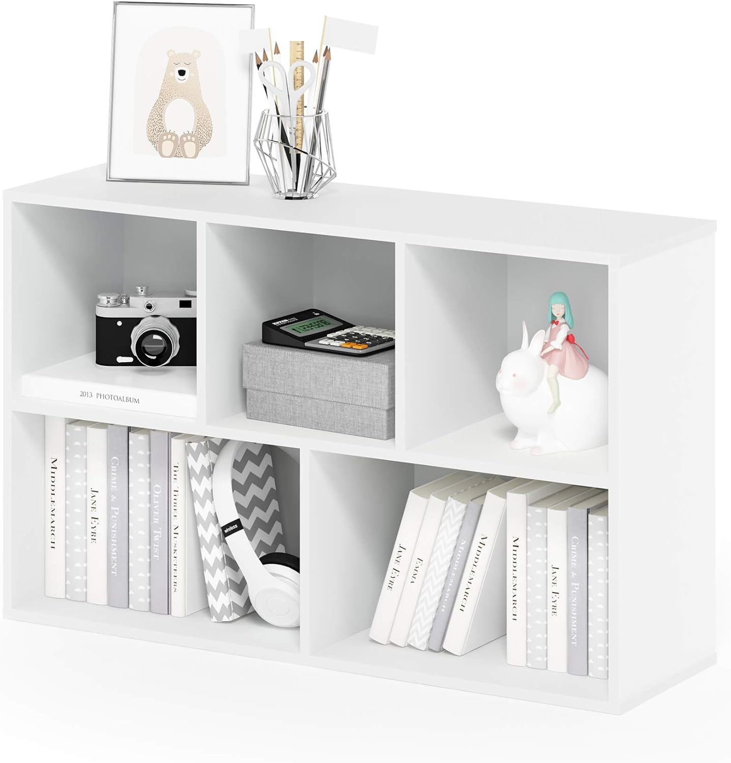 5-Cube Bookshelf, White, Reversible Bookcase for Living Room, Bedroom, Home Office