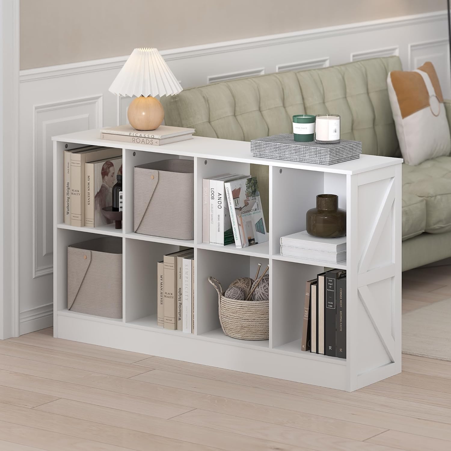 8-Cube Horizontal Bookshelf, White, Cube Storage Organizer for Bedroom & Living Room