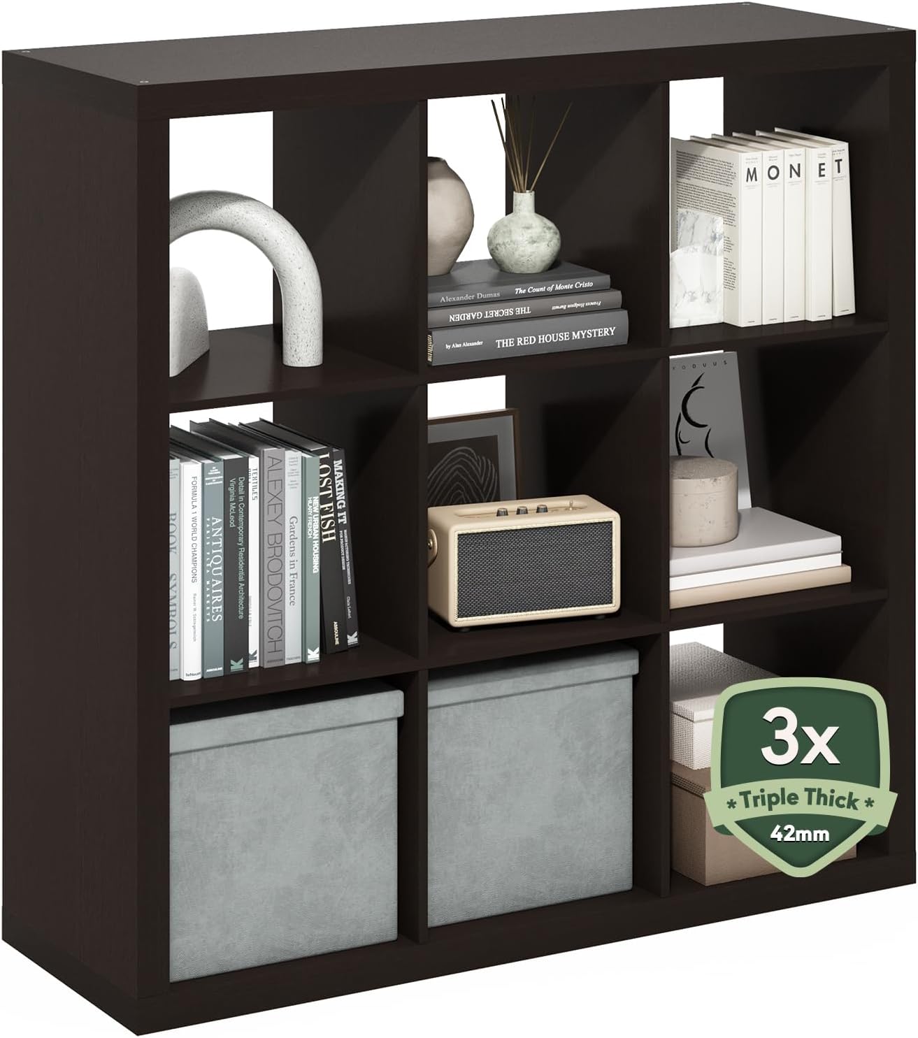 16-Cube Bookshelf, Triple Thick Frame, Black Dark Oak, Storage for Living Room & Home Office