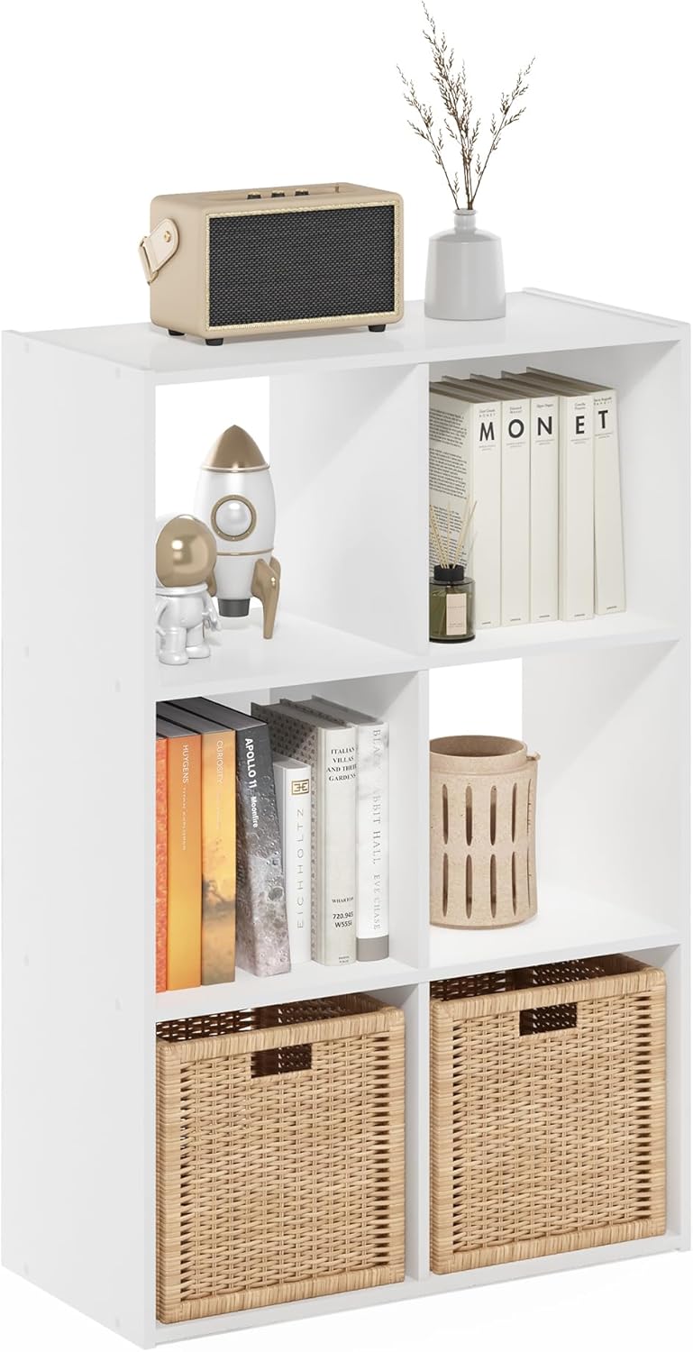 3x2 Cube Storage Bookcase Organizer with Bins, French Oak Grey/Black