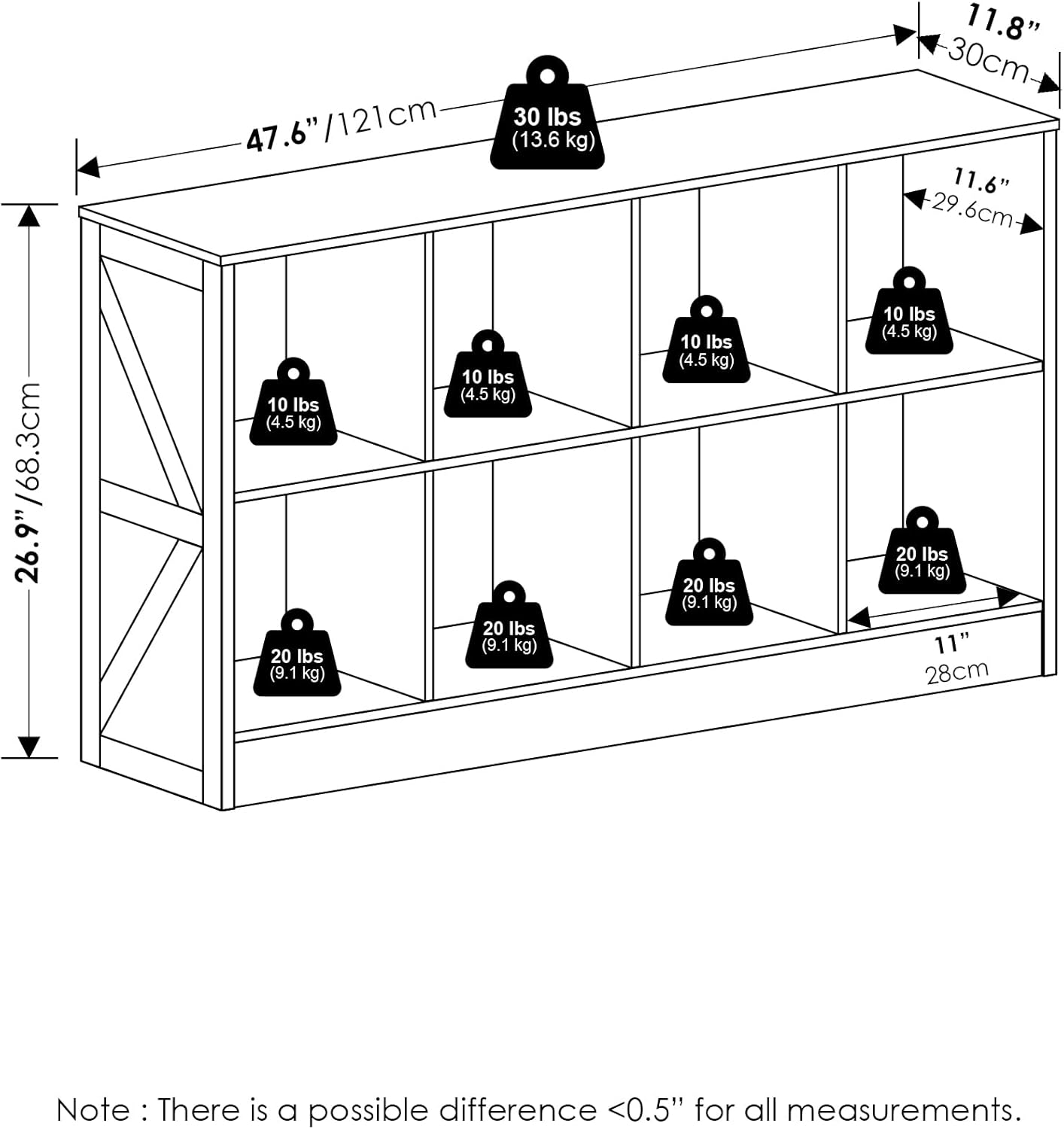 8-Cube Horizontal Bookshelf, White, Cube Storage Organizer for Bedroom & Living Room