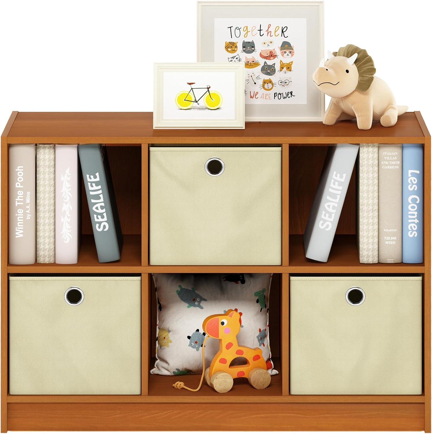 3x2 Cube Storage Bookcase Organizer with Bins, French Oak Grey/Black