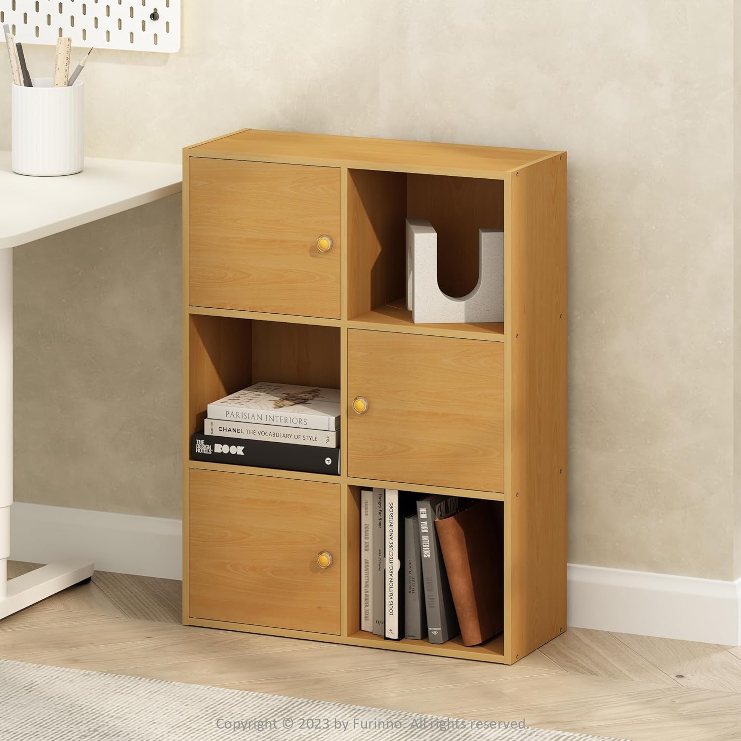 3x2 Cube Storage Bookcase Organizer with Bins, French Oak Grey/Black