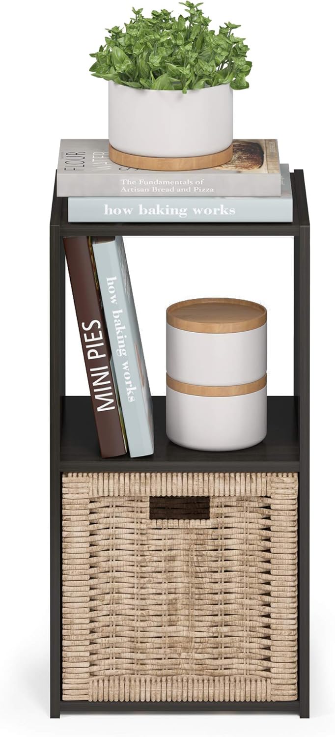 3x2 Cube Storage Bookcase Organizer with Bins, French Oak Grey/Black