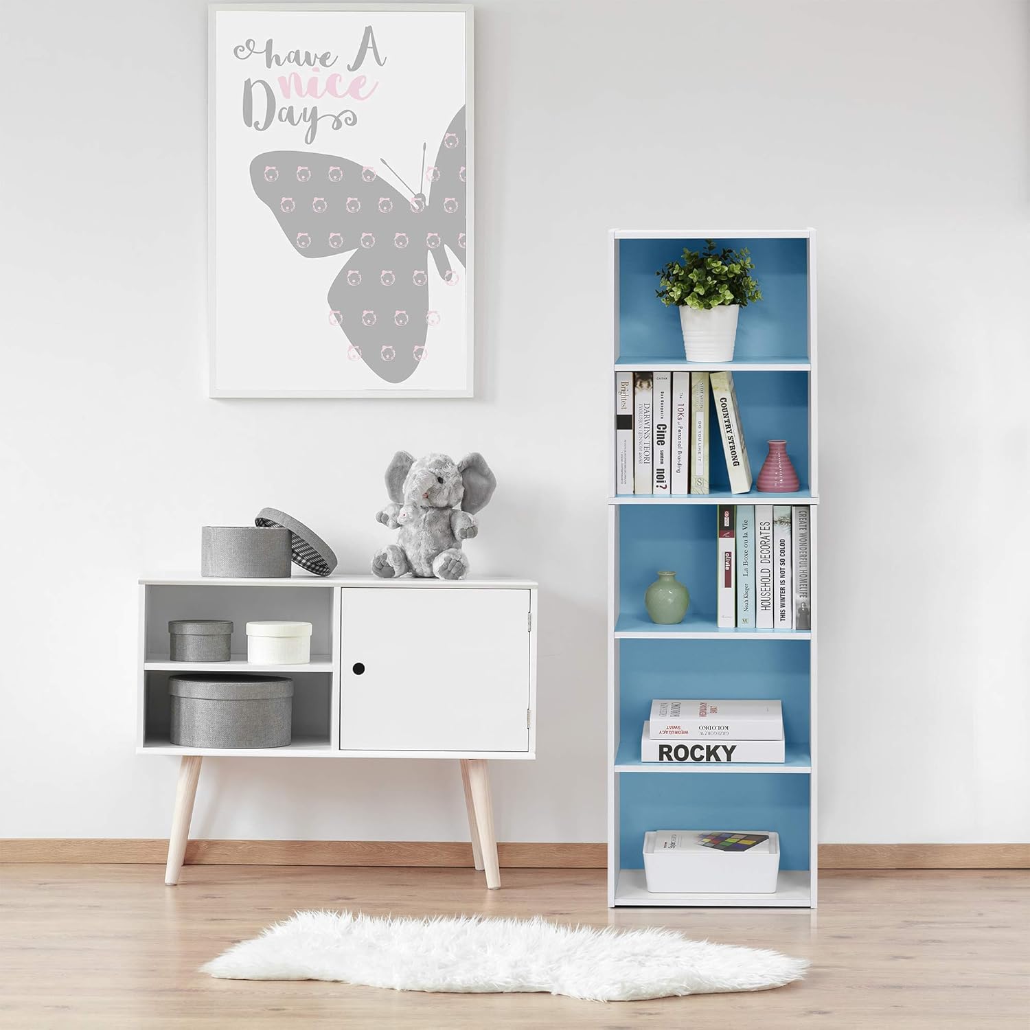 5-Cube Bookshelf, White, Reversible Bookcase for Living Room, Bedroom, Home Office
