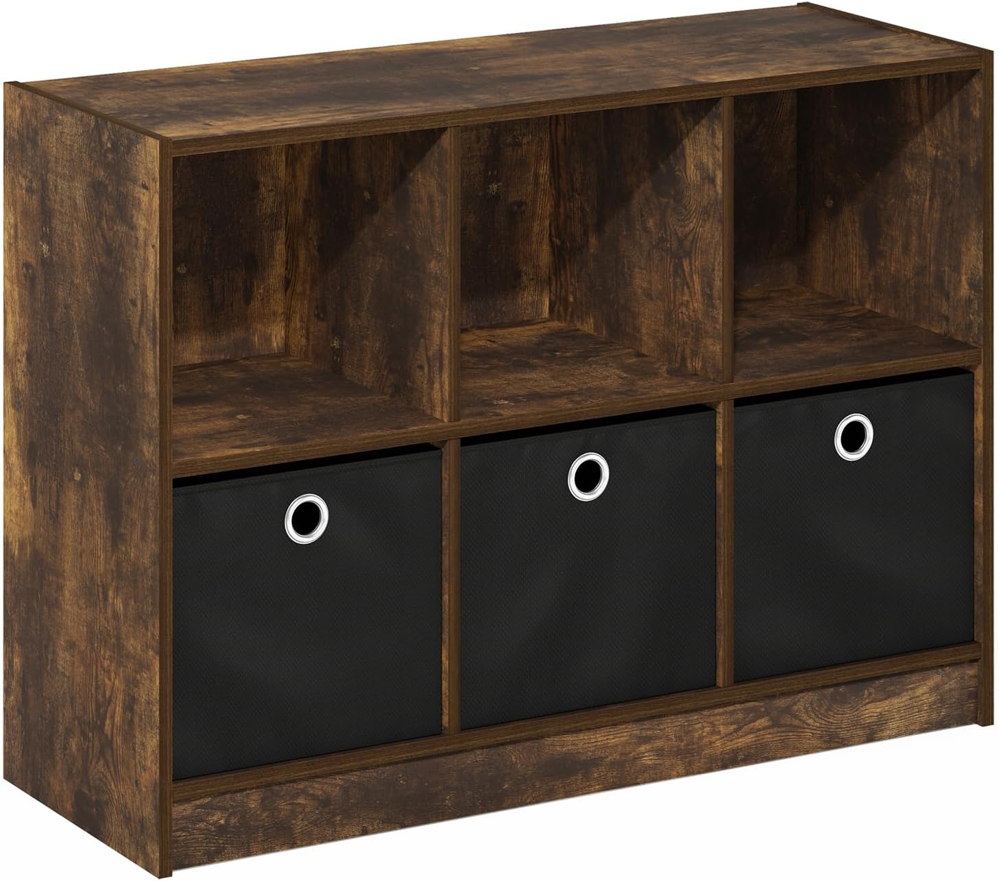 3x2 Cube Storage Bookcase Organizer with Bins, French Oak Grey/Black