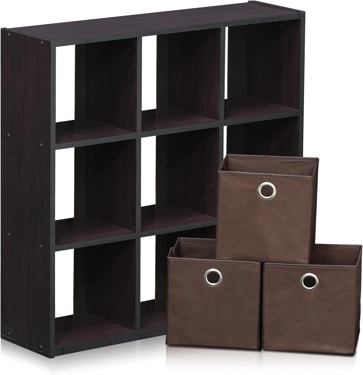 3x2 Cube Storage Bookcase Organizer with Bins, French Oak Grey/Black