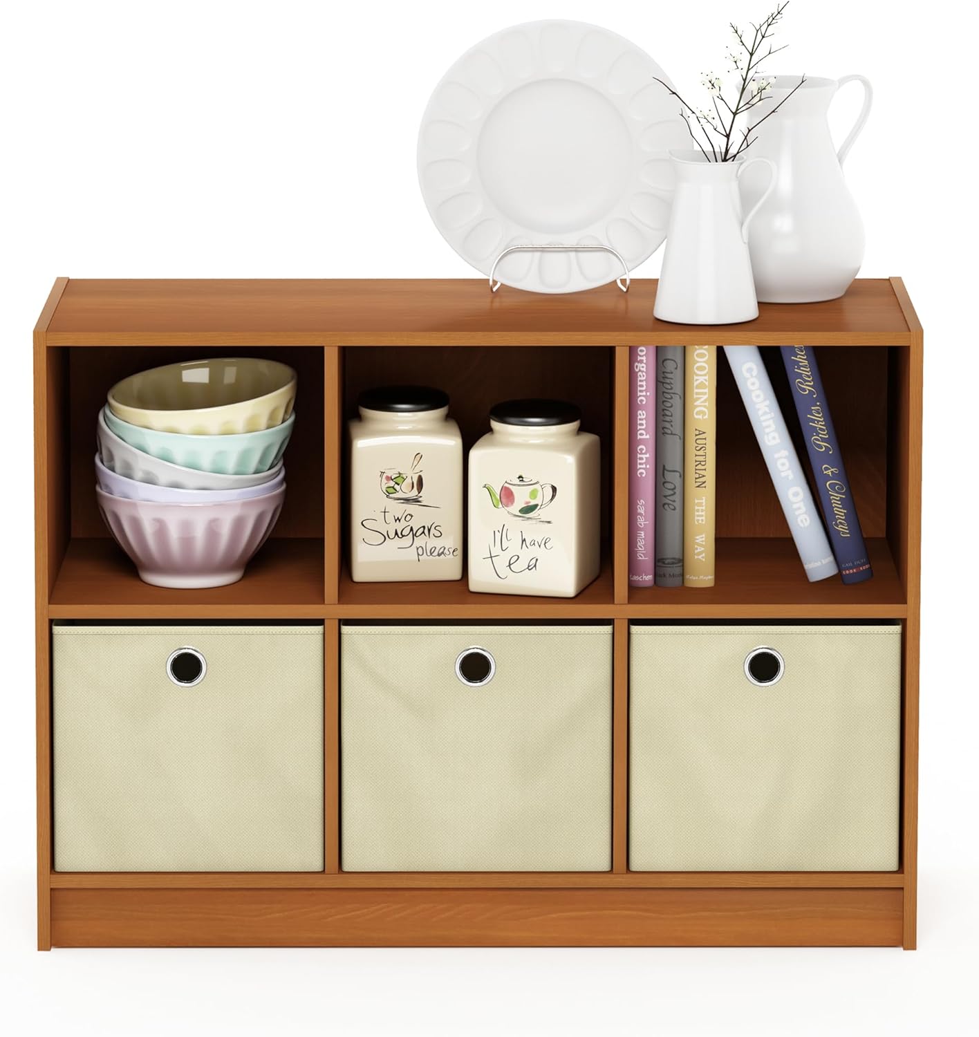 3x2 Cube Storage Bookcase Organizer with Bins, French Oak Grey/Black