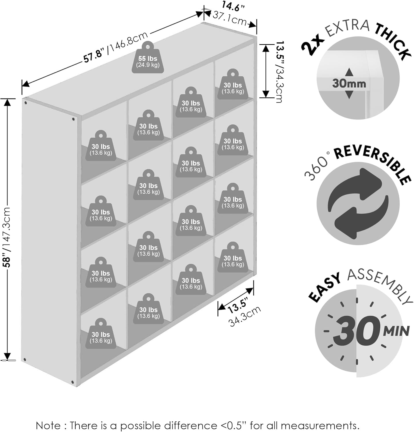 H-Shelf Cube Insert, Fits Extra Thick Cubes, White, Modular Storage Solution