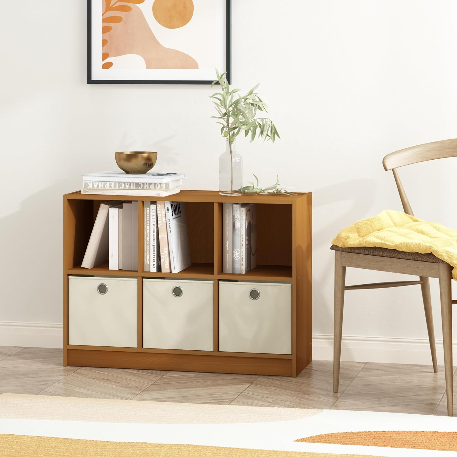 3x2 Cube Storage Bookcase Organizer with Bins, French Oak Grey/Black