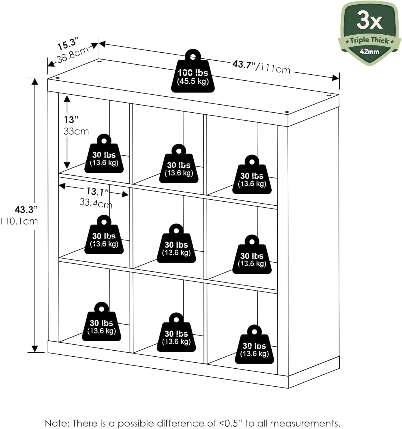 16-Cube Bookshelf, Triple Thick Frame, Black Dark Oak, Storage for Living Room & Home Office