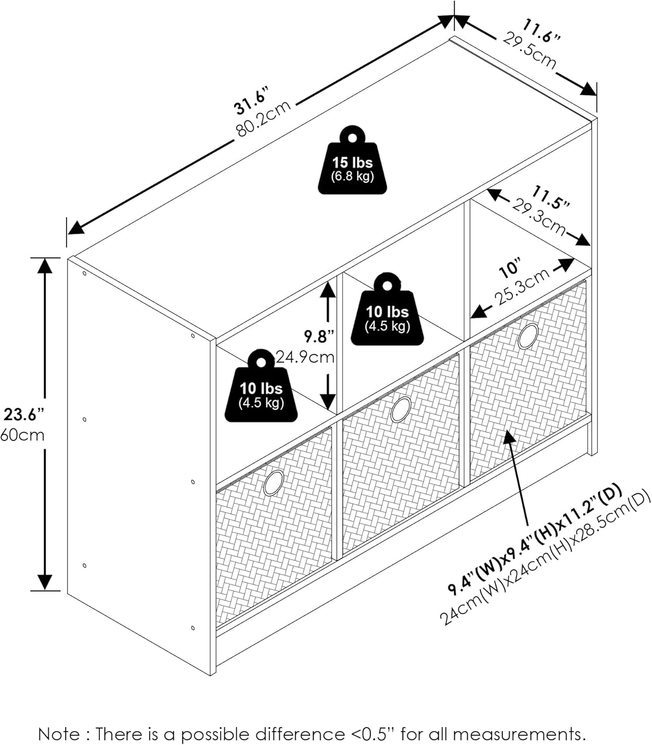 3x2 Cube Storage Bookcase Organizer with Bins, French Oak Grey/Black