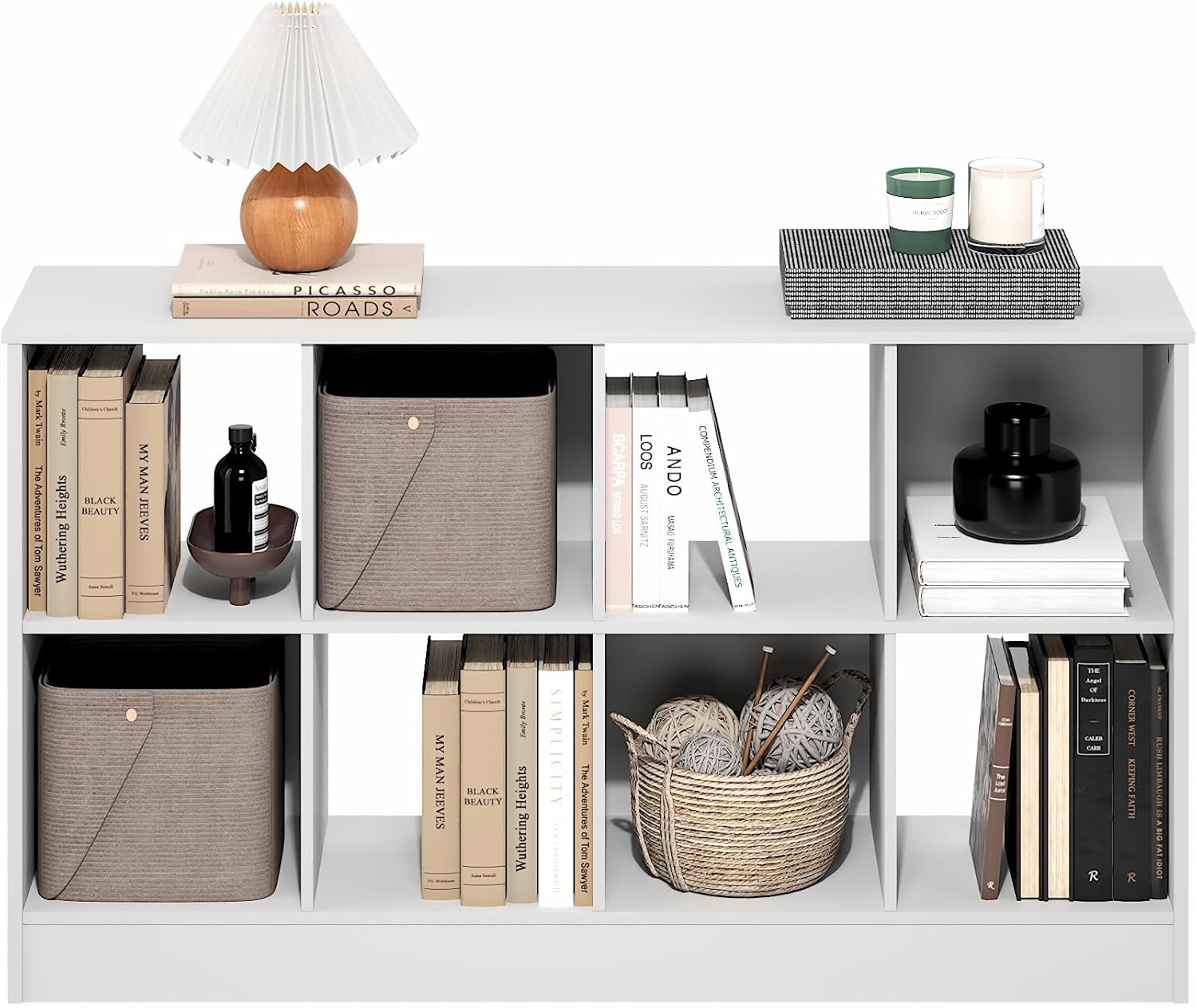 8-Cube Horizontal Bookshelf, White, Cube Storage Organizer for Bedroom & Living Room