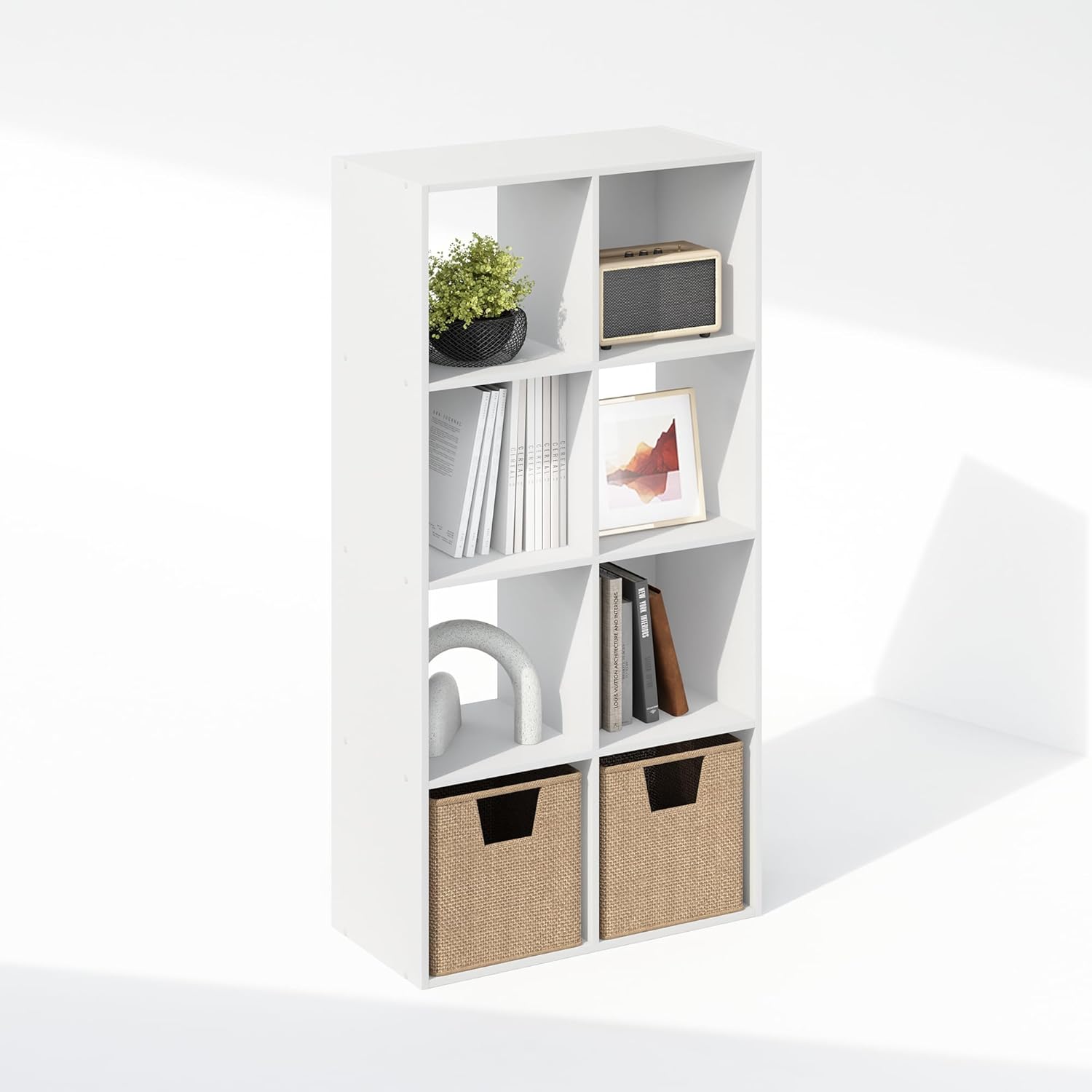 8-Cube Horizontal Bookshelf, White, Cube Storage Organizer for Bedroom & Living Room