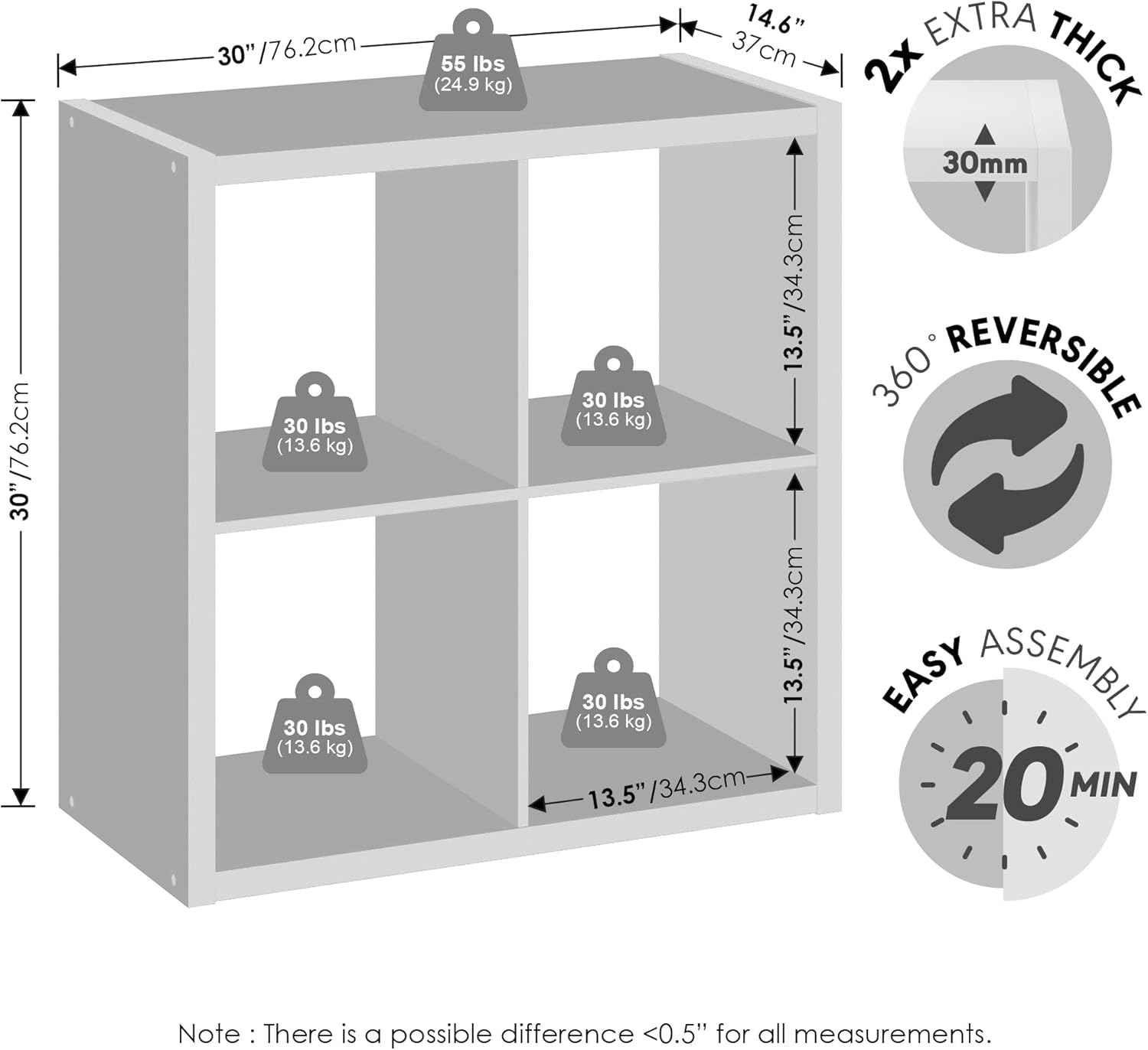 H-Shelf Cube Insert, Fits Extra Thick Cubes, White, Modular Storage Solution