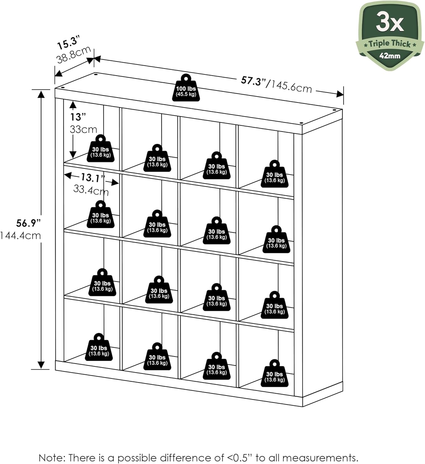 16-Cube Bookshelf, Triple Thick Frame, Black Dark Oak, Storage for Living Room & Home Office