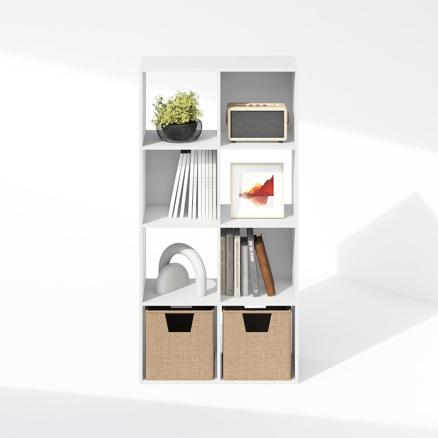 8-Cube Horizontal Bookshelf, White, Cube Storage Organizer for Bedroom & Living Room