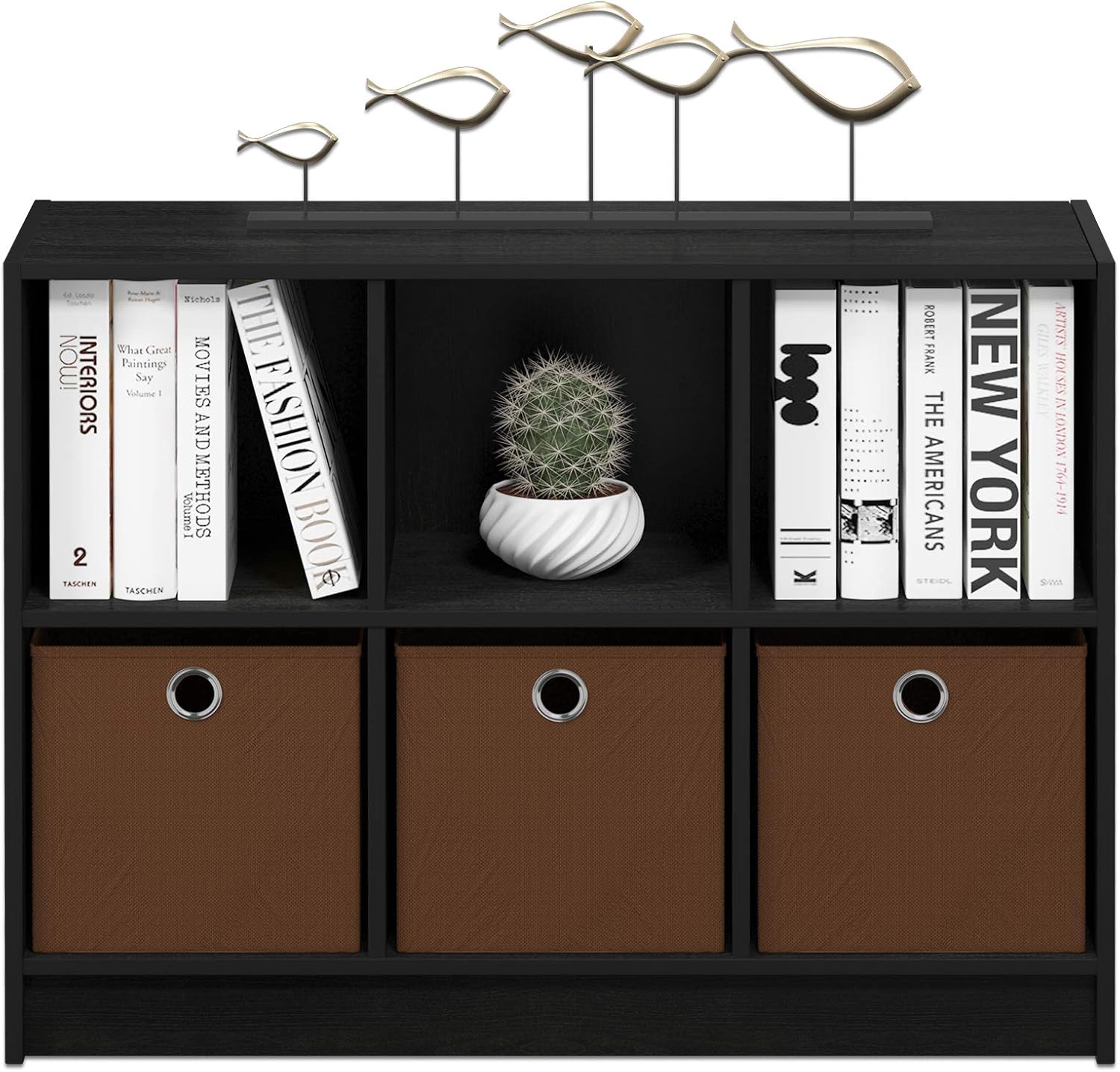 3x2 Cube Storage Bookcase Organizer with Bins, French Oak Grey/Black