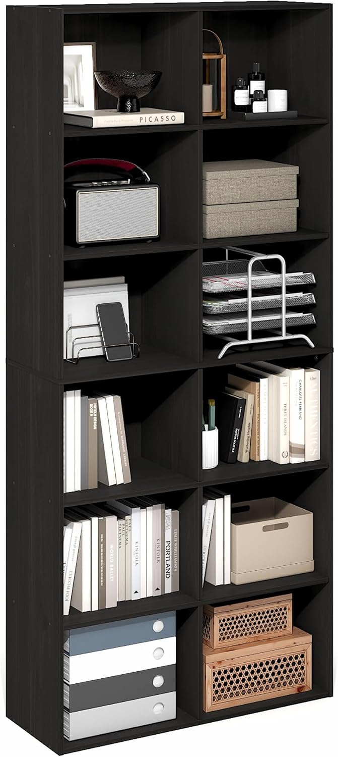 12-Cube Open Shelf Bookshelf, Espresso, Cube Storage for Living Room or Office