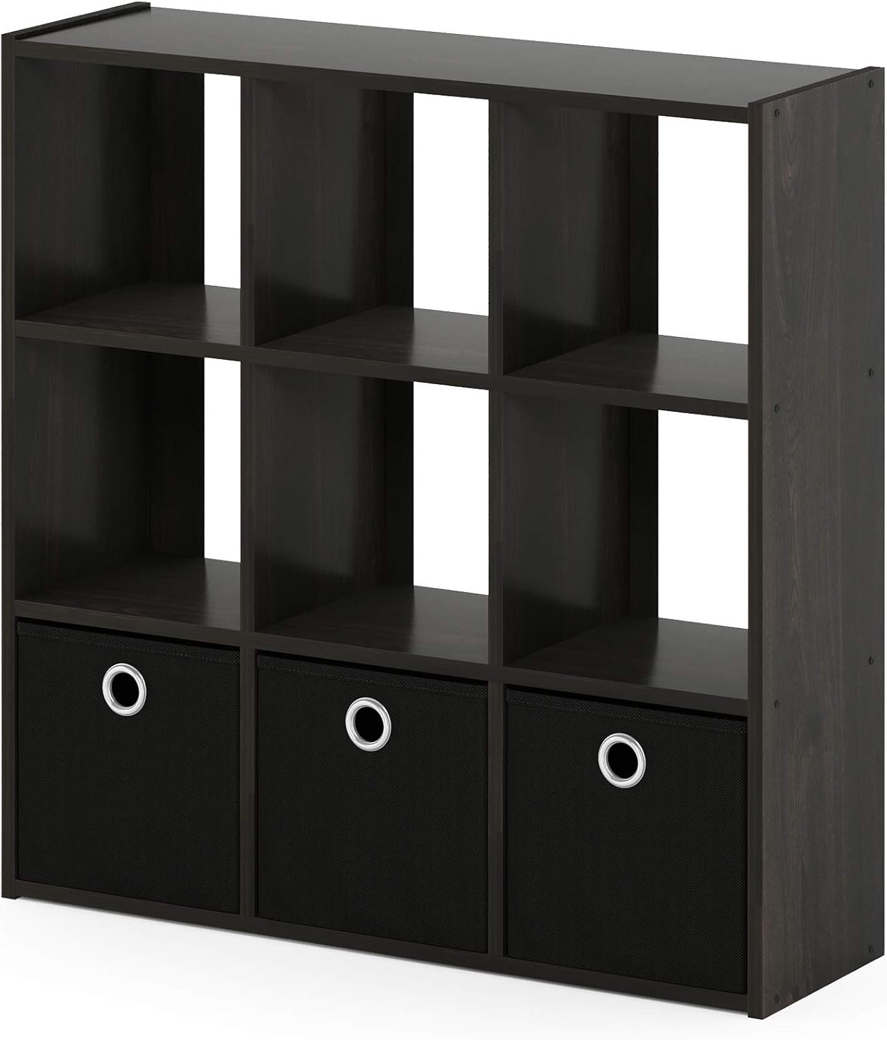 3x2 Cube Storage Bookcase Organizer with Bins, French Oak Grey/Black