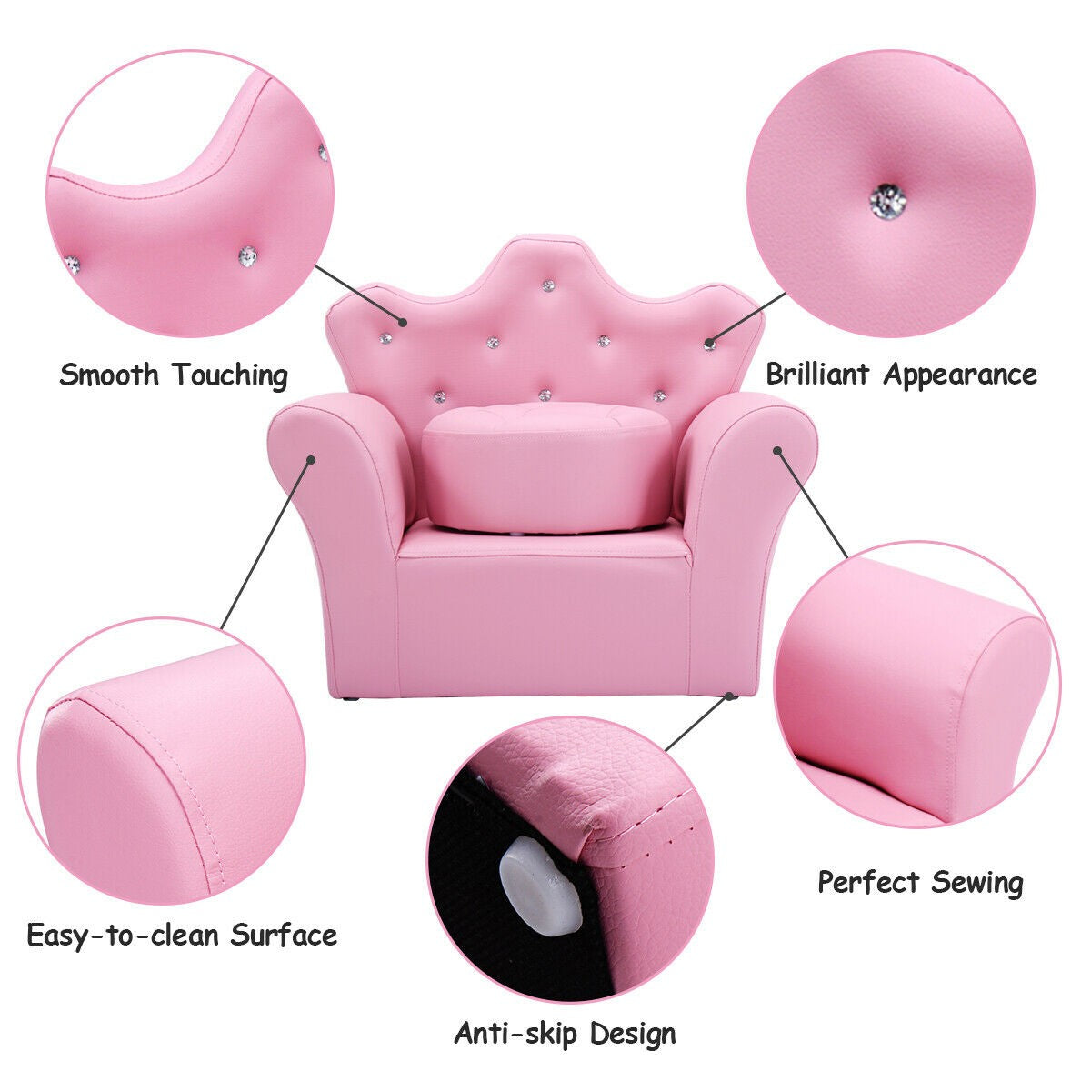 Princess Upholstered Kids Sofa with Ottoman, Diamond Decoration