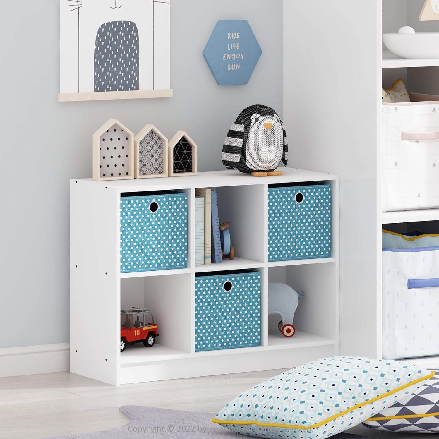 3x2 Cube Storage Bookcase Organizer with Bins, French Oak Grey/Black