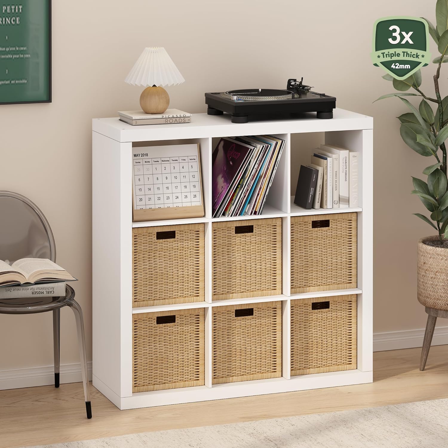 16-Cube Bookshelf, Triple Thick Frame, Black Dark Oak, Storage for Living Room & Home Office