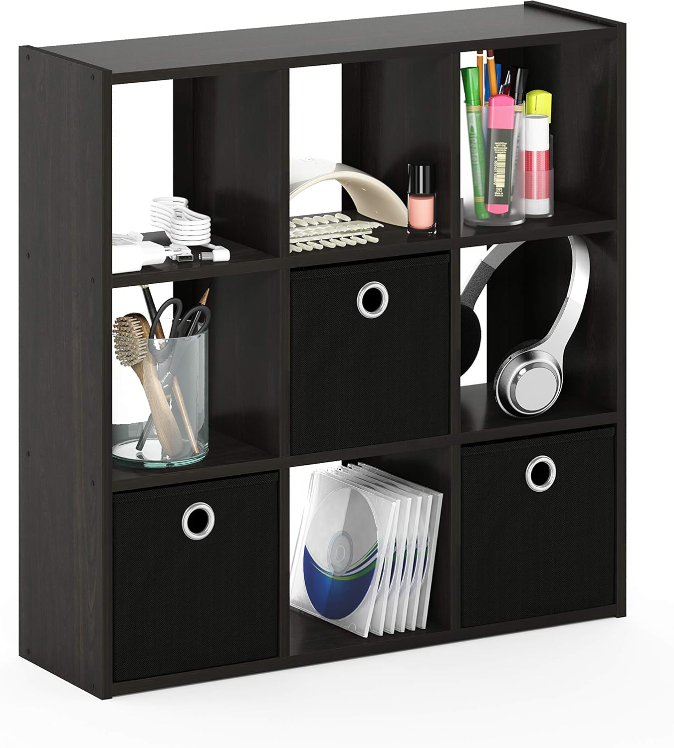3x2 Cube Storage Bookcase Organizer with Bins, White/Black