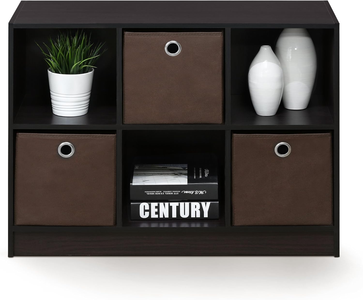 3x2 Cube Storage Bookcase Organizer with Bins, French Oak Grey/Black