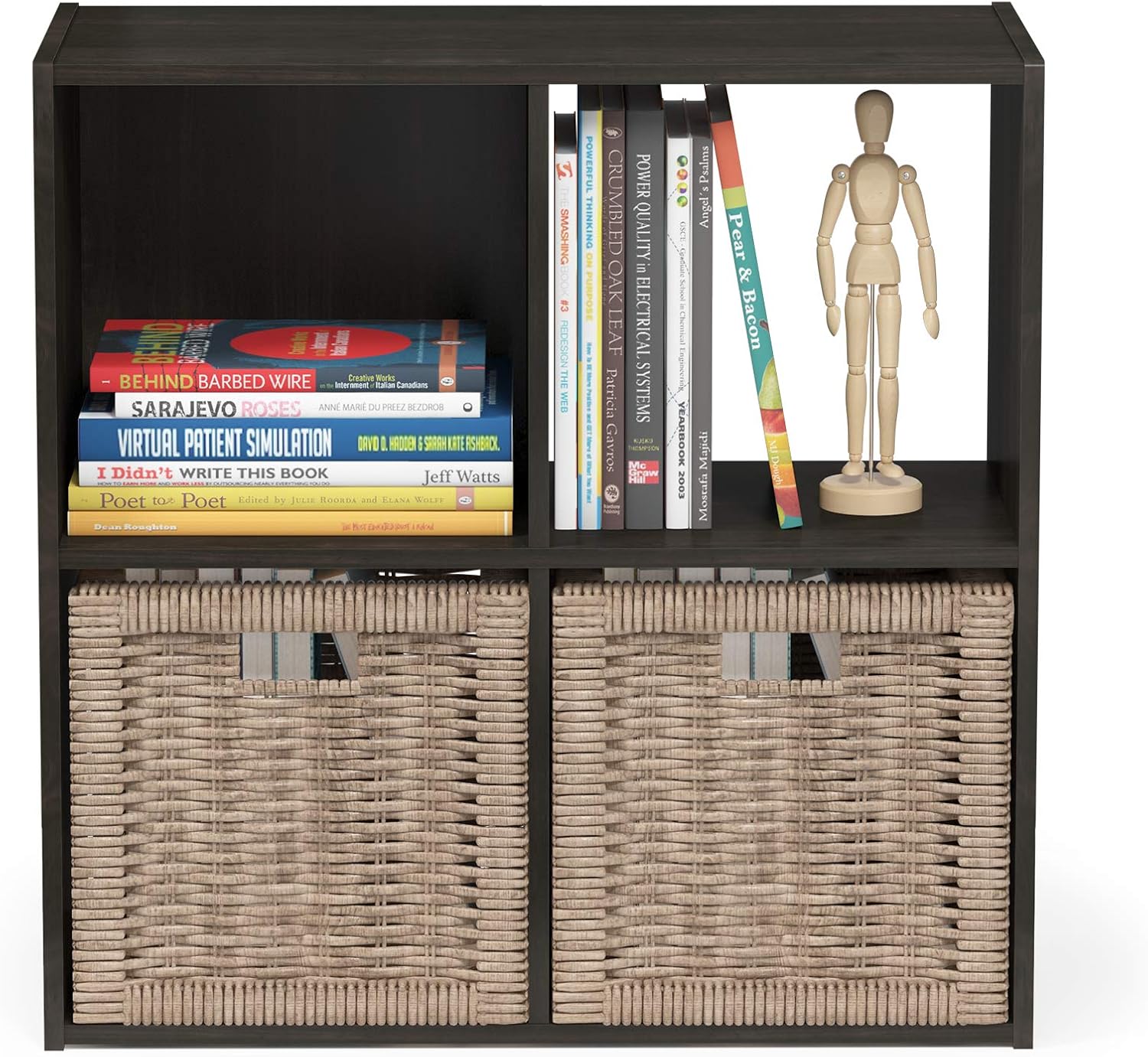 3x2 Cube Storage Bookcase Organizer with Bins, French Oak Grey/Black