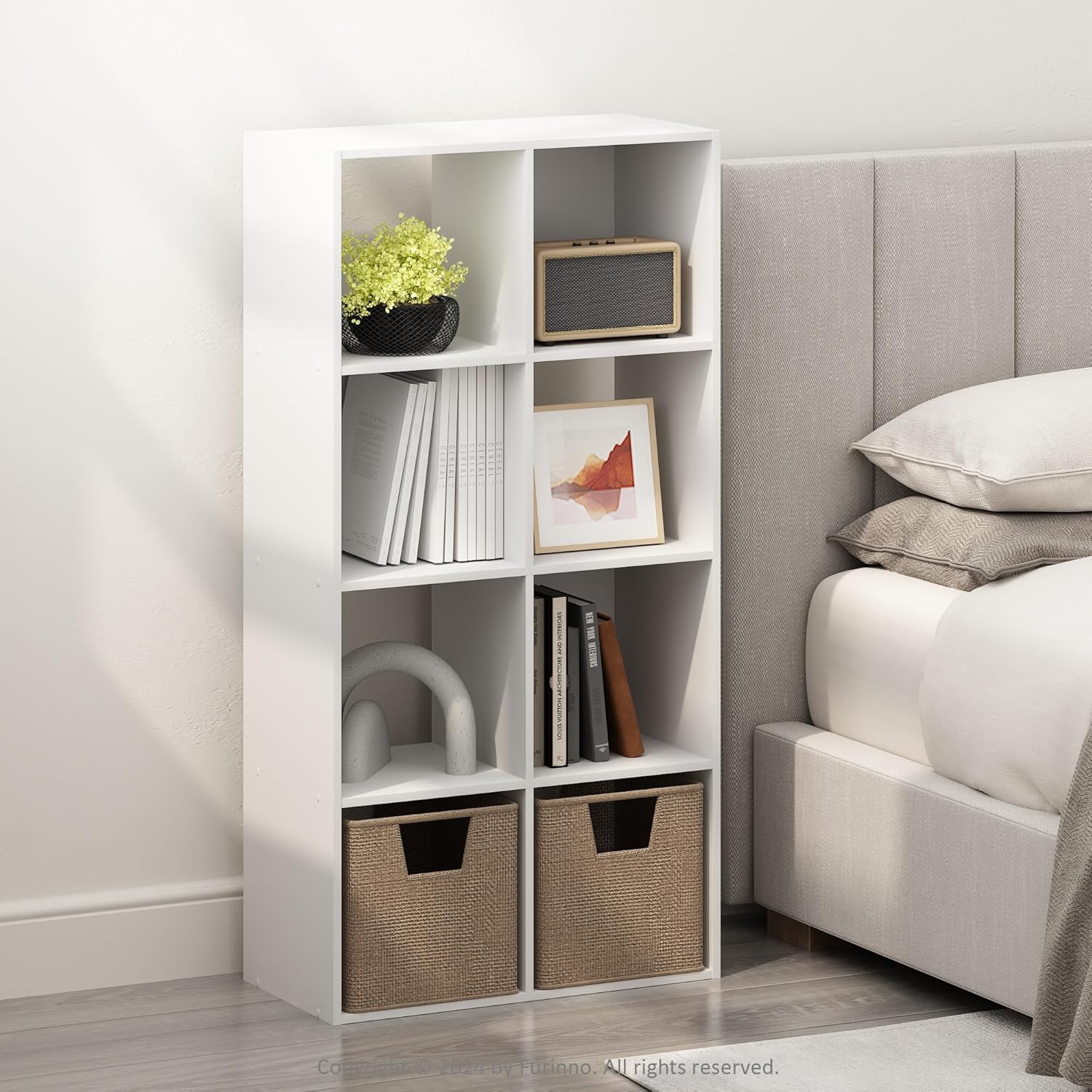8-Cube Horizontal Bookshelf, White, Cube Storage Organizer for Bedroom & Living Room