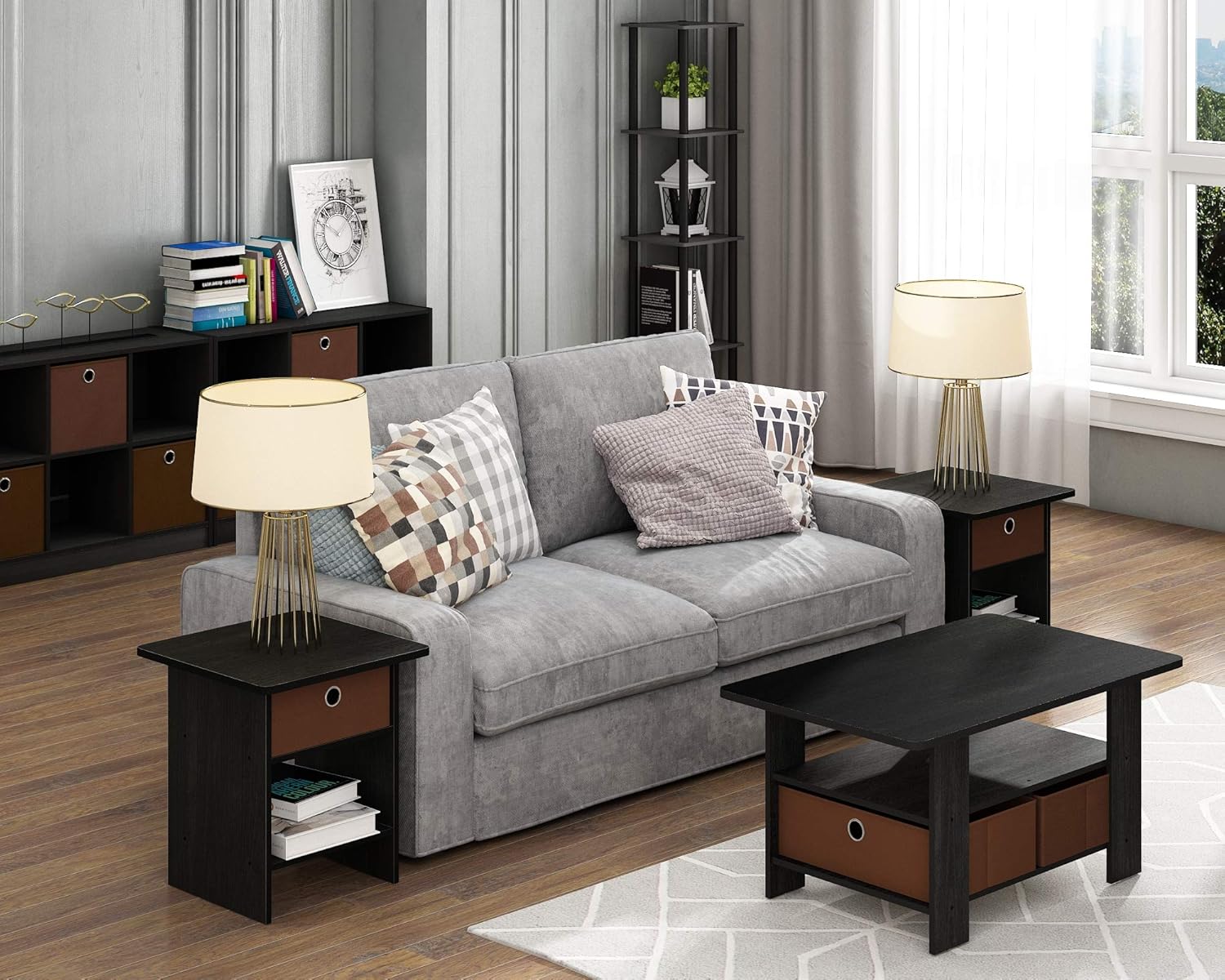 3x2 Cube Storage Bookcase Organizer with Bins, French Oak Grey/Black