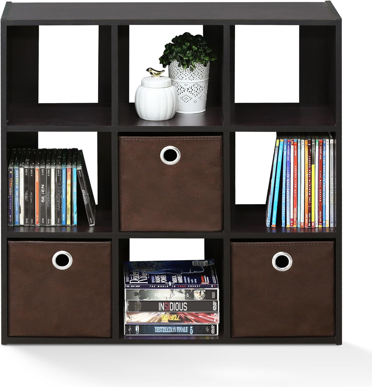3x2 Cube Storage Bookcase Organizer with Bins, French Oak Grey/Black