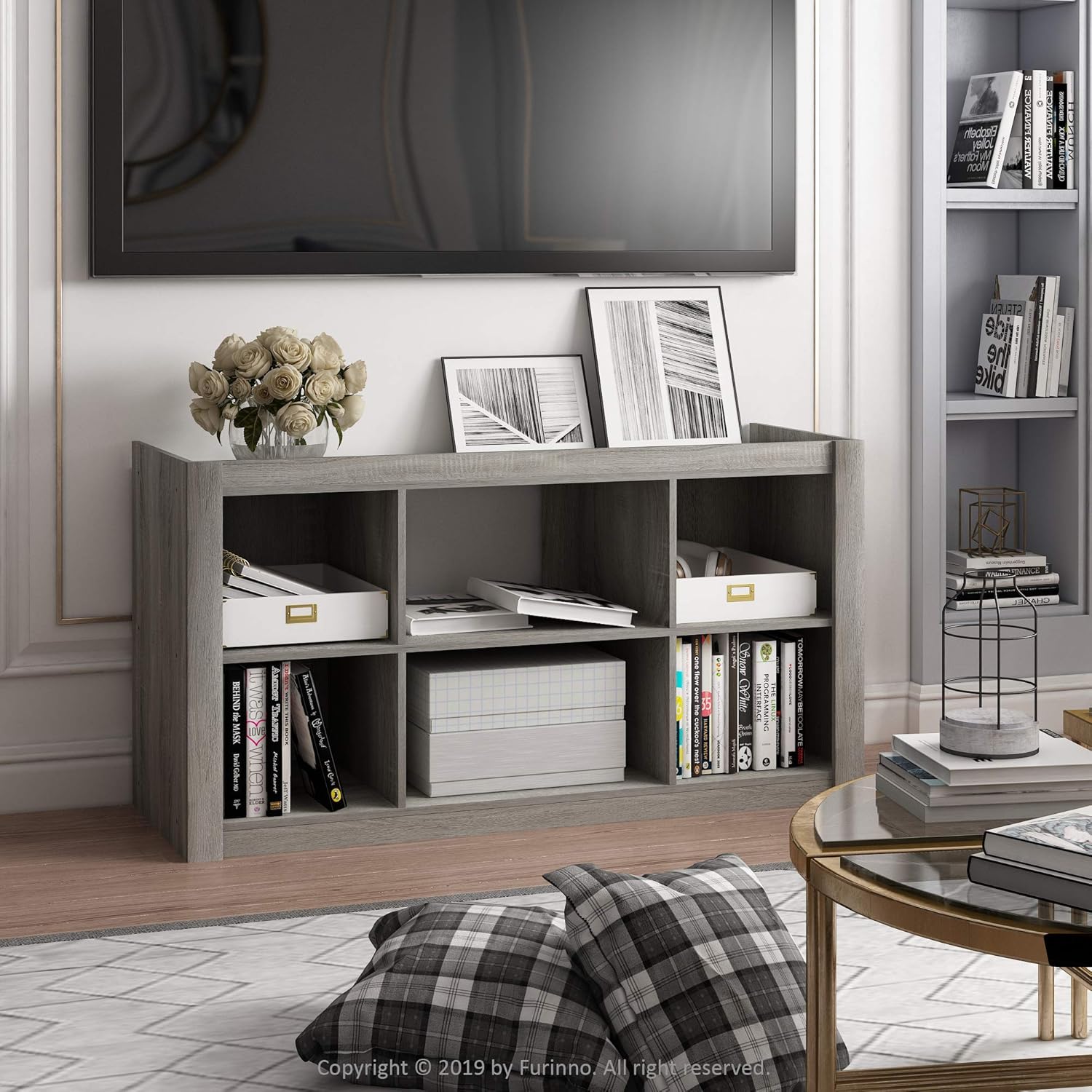 3x2 Cube Storage Bookcase Organizer with Bins, French Oak Grey/Black