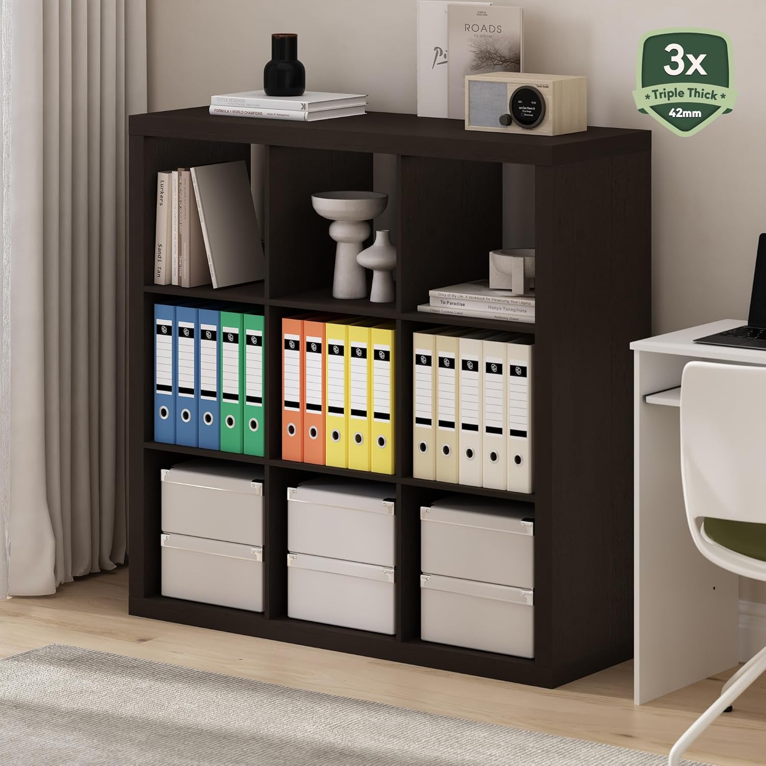 16-Cube Bookshelf, Triple Thick Frame, Black Dark Oak, Storage for Living Room & Home Office