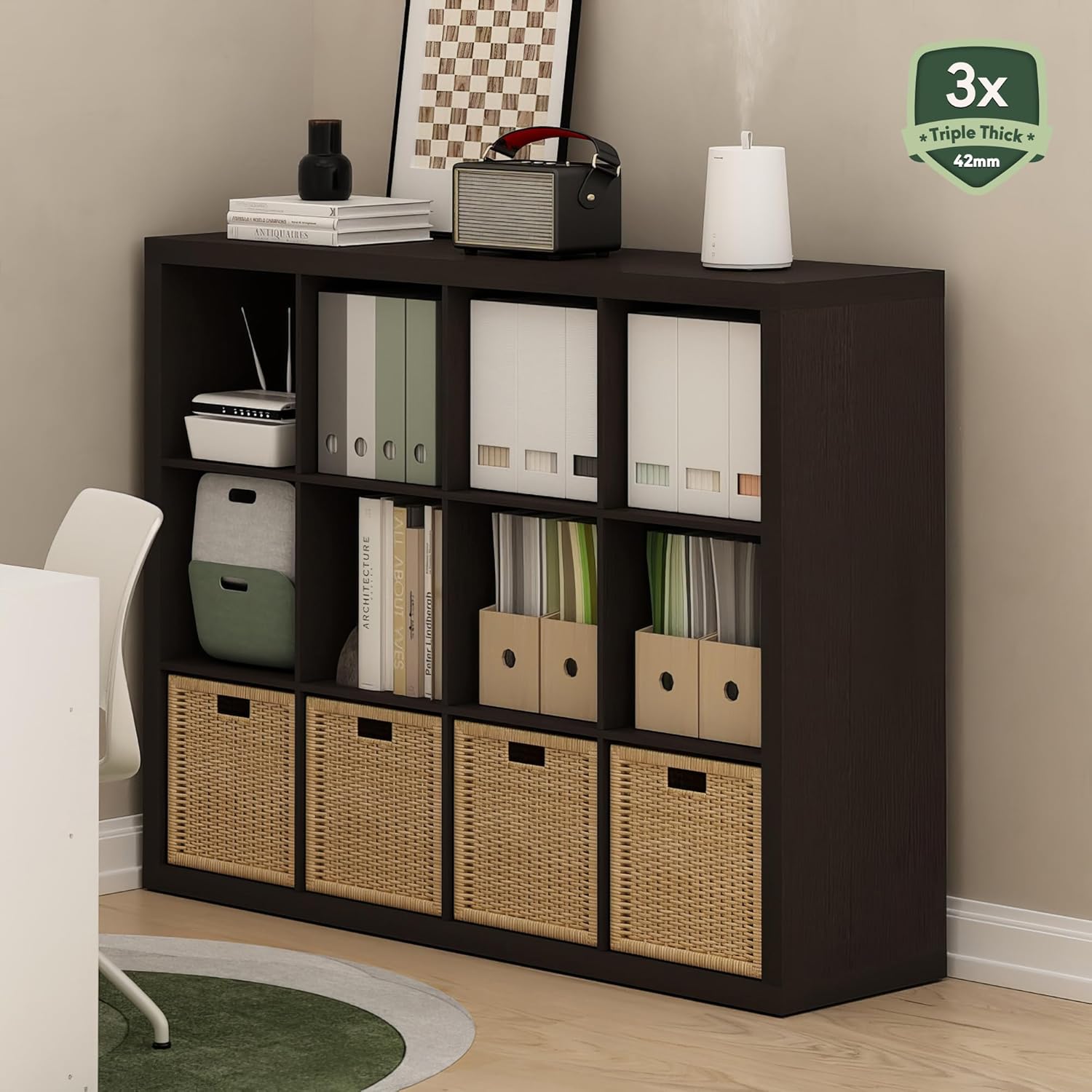 16-Cube Bookshelf, Triple Thick Frame, Black Dark Oak, Storage for Living Room & Home Office