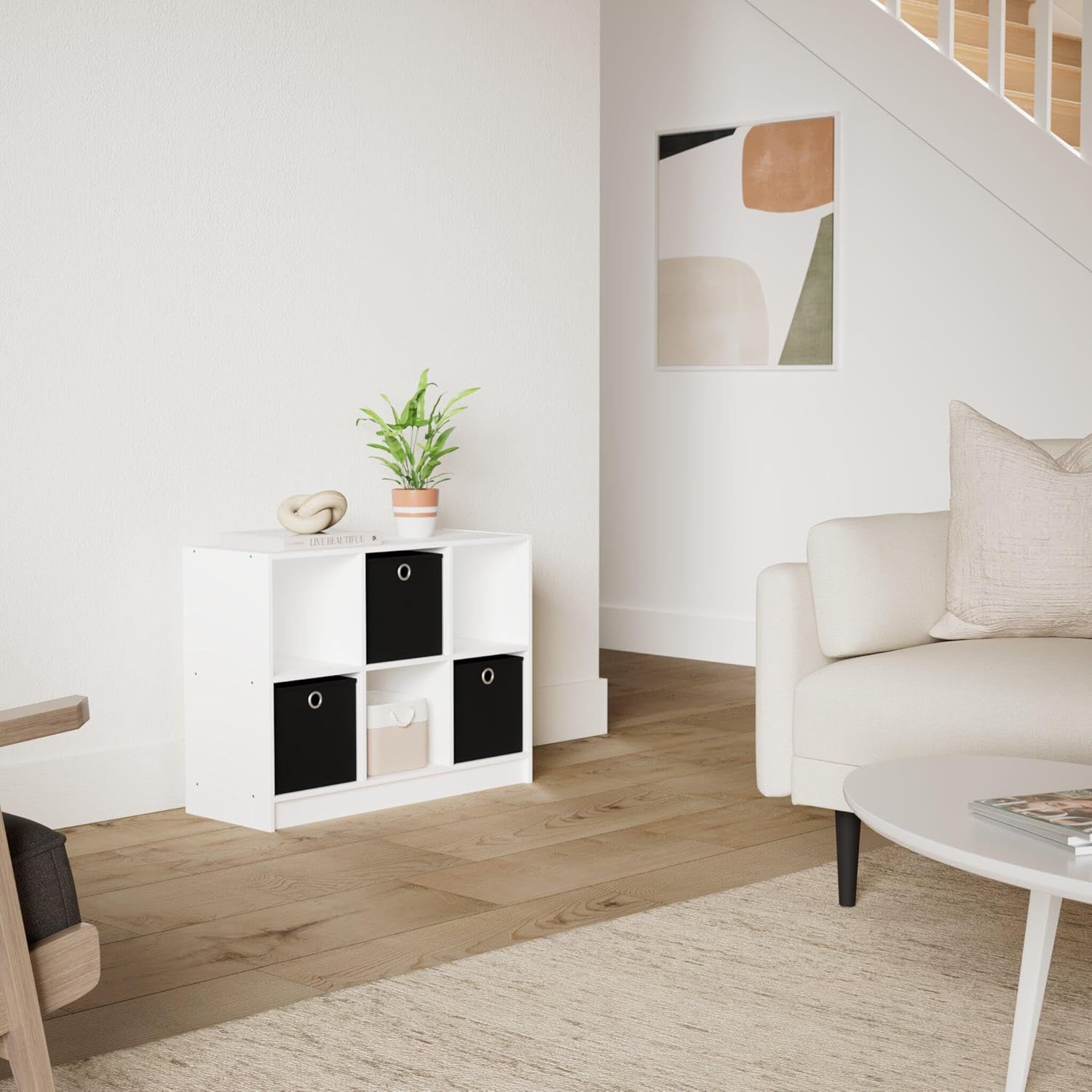 3x2 Cube Storage Bookcase Organizer with Bins, French Oak Grey/Black