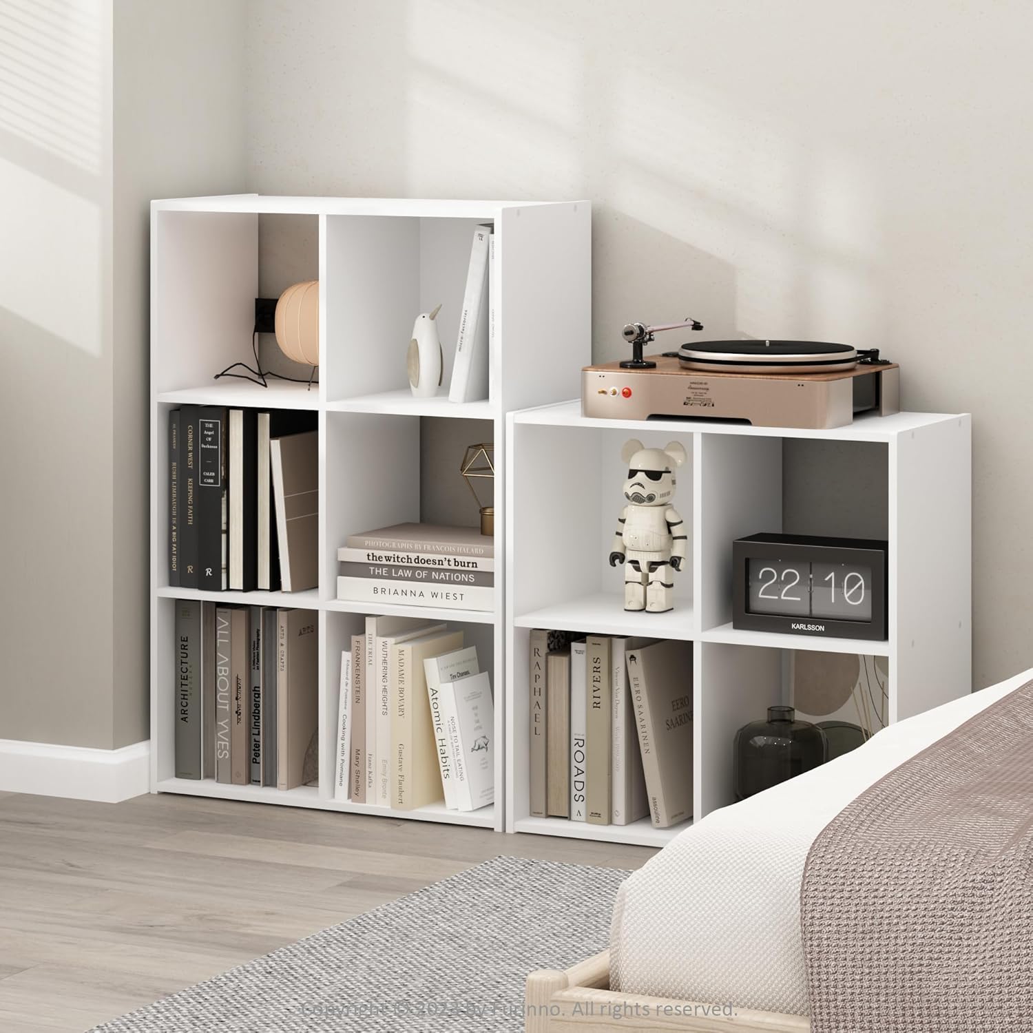 3x2 Cube Storage Bookcase Organizer with Bins, French Oak Grey/Black