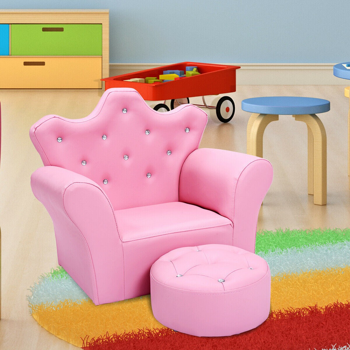 Princess Upholstered Kids Sofa with Ottoman, Diamond Decoration