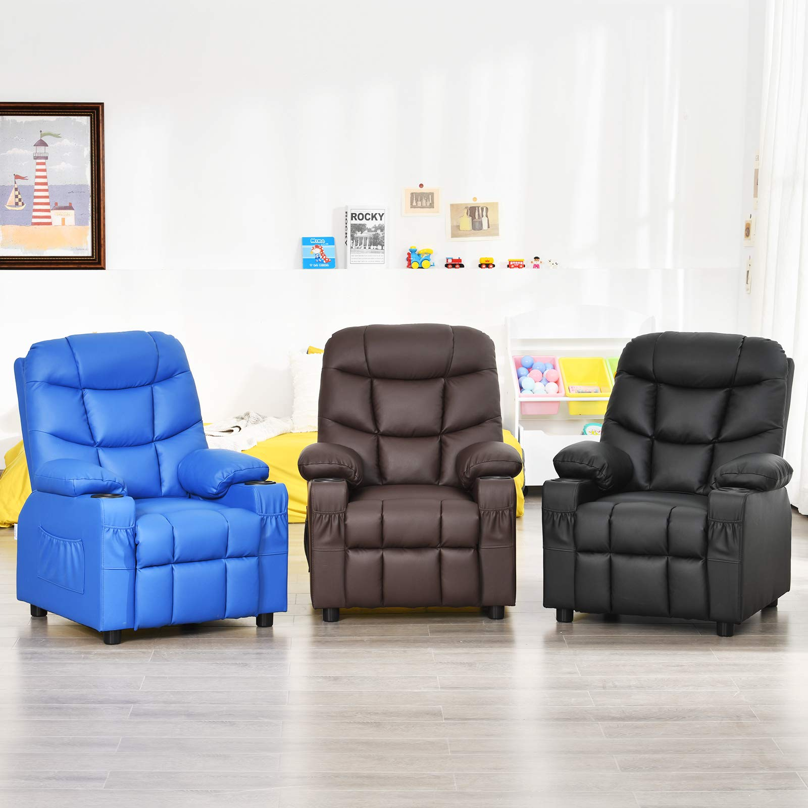 Kids Recliner Chair with Cup Holder, Adjustable Leather Lounge with Footrest & Side Pockets