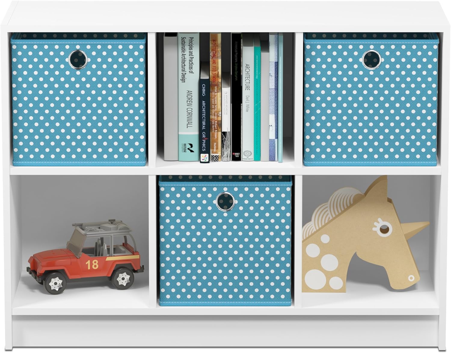 3x2 Cube Storage Bookcase Organizer with Bins, French Oak Grey/Black